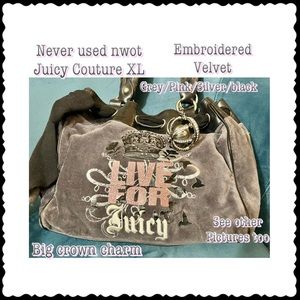 NWOT Juicy Couture grey velvet, pink silver embroidery black leather